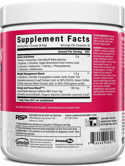 RSP NUTRITION AminoLean Pre Workout Powder, Amino Energy & Weight Management, 30 Serv