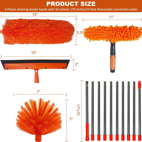 20+ Feet High Reach Duster Kit with 3-14 ft Extension Pole High Ceiling Dusting and Window Cleaning Kit with Spliceable Pole - Window Washer & Squeegee, Cobweb Duster, Fan Blade and Feather Dusters by M-jump