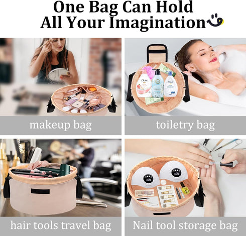 Barrel Drawstring Large Makeup Bag, Portable Travel Cosmetic Organizer for Toiletry Accessories, Khaki