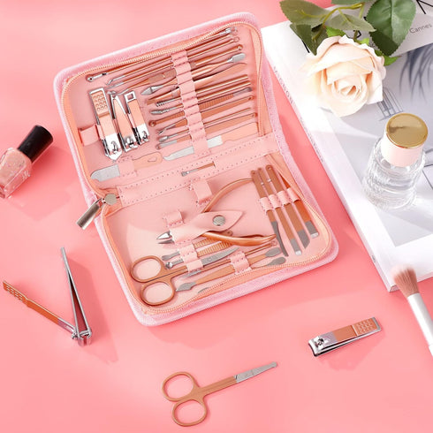 Manicure Set Pedicure Kit, 32 in 1 Professional Nail Clippers Set for Women with Travel Case (Rose Pink)