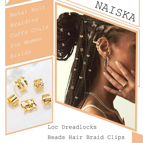 NAISKA Gold Metal Hair Jewelry for Braids, Dreadlocks, Beards - 30PCS Non-Piercing Ear Clips, Cuffs, Locs Decoration