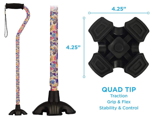 Offset Nova Joy Designer Quad Cane for Seniors - Unisex Adjustable Lightweight Walking Aid with Foam Handle, Wrist