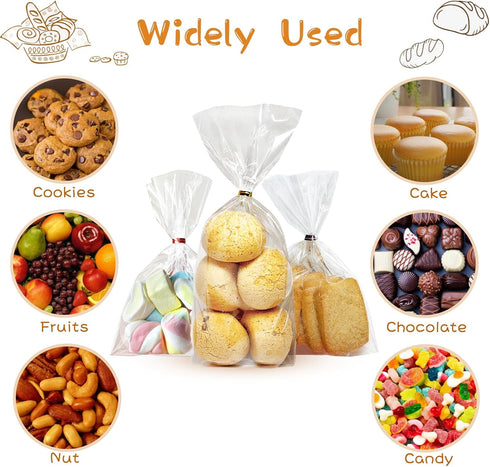 QOIUSO 100pcs Cellophane Treat Bags: 4 x 6 Inch Small Clear Goodie Candy Bags with 4 Colors Twist Ties for Gift Wrapping