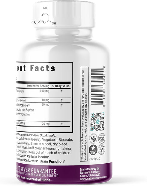 Nutri Resveratrol 1000mg - 60 Vegan Capsules, Organic Piperine, 15x More Bioavailable Pure Trans Resveratrol