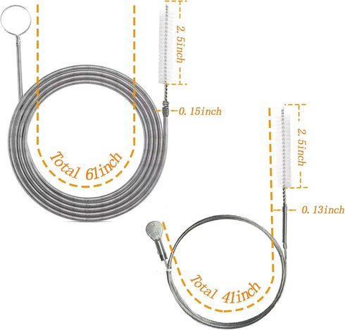 2-Pack Flexible Nylon Drain Pipe Hose, Slim Feeding Tube Cleaner with Stainless Steel Wire Brush, Long Cleaning Straw for Home Kitchen, Fish Tank, Water Pump Accessories (61"+40")