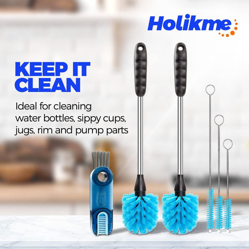 Holikme 6 Pack Bottle Brush Set, 14" Long Handle Stainless Steel Cleaner, 3 Straw Brushes, Blue