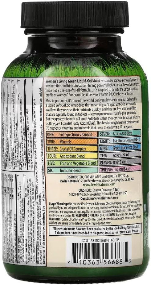 Irwin Naturals Women's Living Green Liquid-Gel Multi Vitamin - 70 Nutrients, Wholefood Blend, 90 Softgels