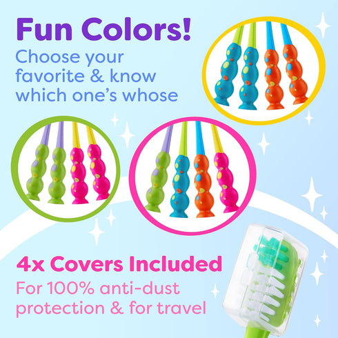 Kids Toothbrush 4 Pack, Soft Contoured Bristles, Child Sized Brush Heads with Suction Cup for Easy Storage