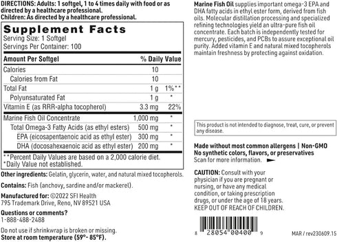 Klaire Labs Marine Fish Oil - Ultra Pure 300mg EPA & 200mg DHA Omega 3, Gluten-Free, 100 Softgels