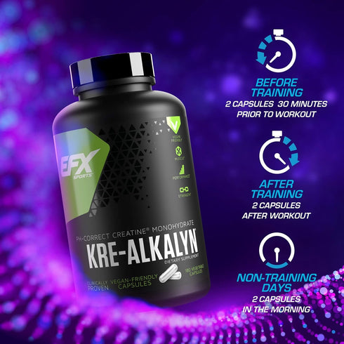 EFX Sports Kre-Alkalyn EFX Creatine Monohydrate Pill Supplement, Vegan Friendly, 90 Servings, 180 Veggie Capsules