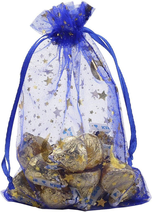 100Pcs 4x6 Inches Sheer Organza Drawstring Pouches with Stars and Moon for Wedding Party Favors