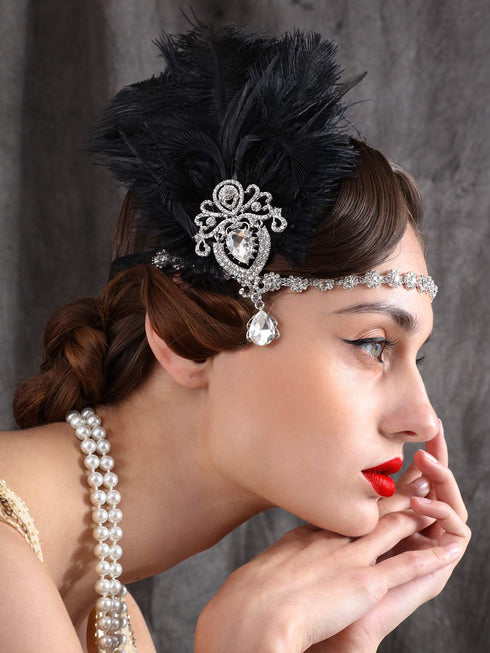 SWEETV 1920s Black Feather Headpiece, Women's Ostrich Feather Crystal Headband for Great Gatsby Hair Accessories