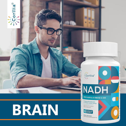 NADH 50mg + CoQ10 200mg + D-Ribose 150mg Supplement for Energy & Fatigue, 120 Veggie Capsules
