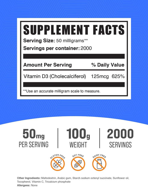 BulkSupplements.com Vitamin D3 Powder - Cholecalciferol, Vitamin D Supplements, Vitamin D3 5000 IU - Gluten Free, 50mg (125mcg of Vitamin D3) per Serving, 100g (3.5 oz) (Pack of 1)