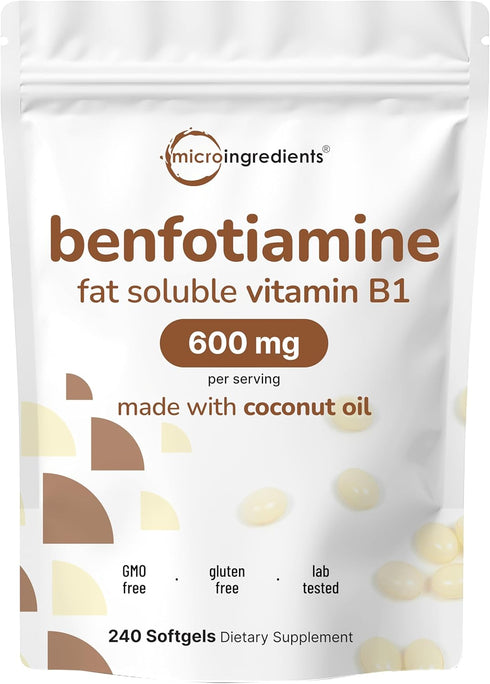 Micro Ingredients Vitamin B1 Benfotiamine 600mg, 240 Coconut Oil Softgels, Non-GMO, Soy Free Supplement
