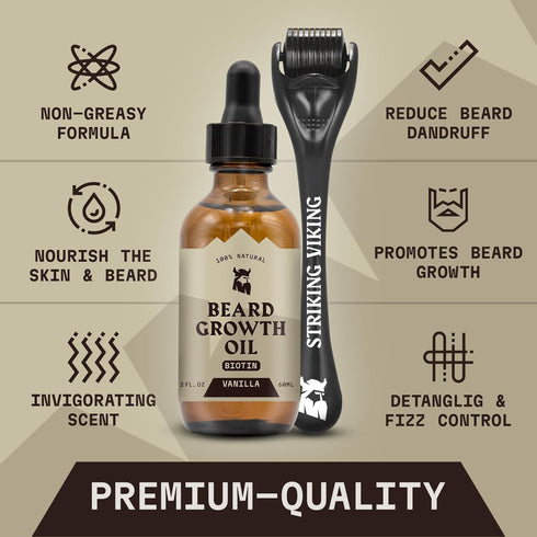 Striking Viking Beard Growth Kit, Beard Growth Oil with Roller for Thickening and Conditioning, Vanilla 2 Fl Oz