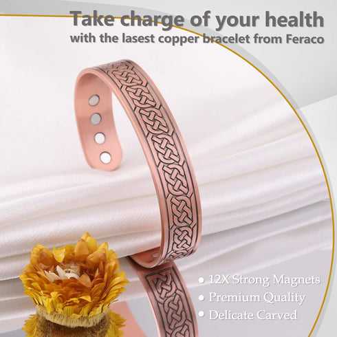 Feraco 12X Strength Wide Pure Copper Magnetic Bracelet for Men, Adjustable Cuff Bangle with Neodymium Magnets