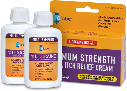 Globe 2 Pack Lidocaine 4% Multi-Symptom Relief Cream, 1.75 oz, Numbs Pain & Itch, Steroid Free Non-Greasy