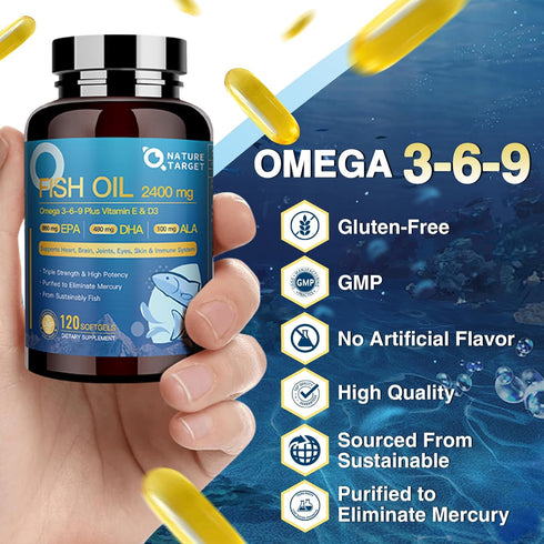Triple Omega 3 6 9 Fish Oil Softgels - 2400mg with Vitamin D3 & E for Heart, Brain, Joint & Immune Health