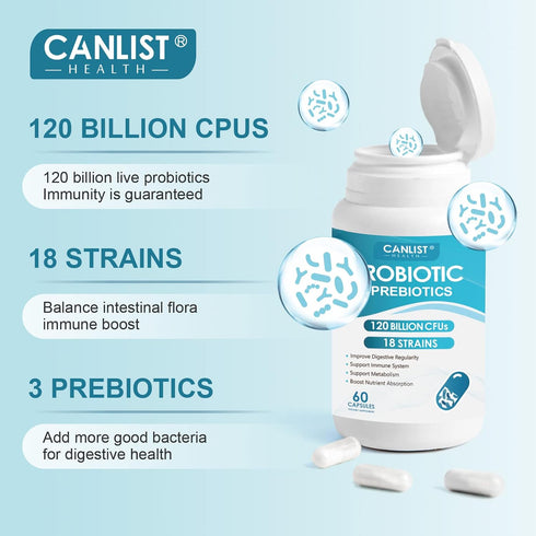 Probiotics 120 Billion CFUs | 60 Vegetarian Capsules | 18 Strains, 3 Prebiotics & Digestive Enzymes for Digestive &