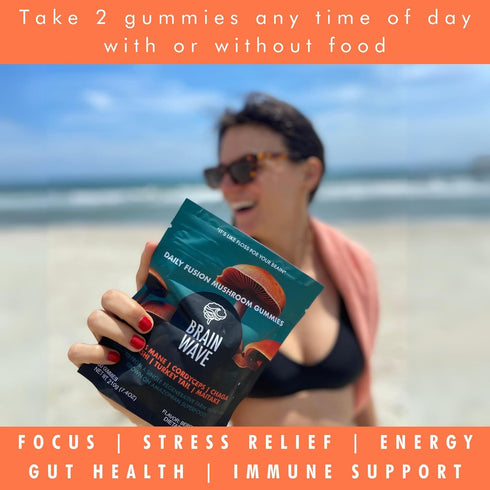 BRAIN WAVE Superfood Mushroom Gummies - Daily Multi Mushroom Supplement - Lions Mane, Reishi, Cordyceps, Turkey Tail,