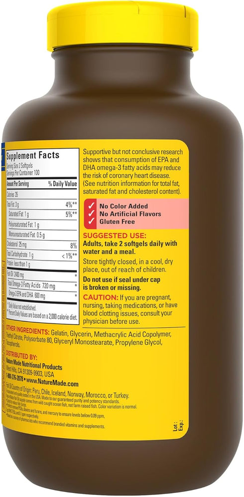 Nature Made Burp Less Fish Oil 1200 mg, Omega 3 Fish Oil for Healthy Heart Support, 200 Softgels