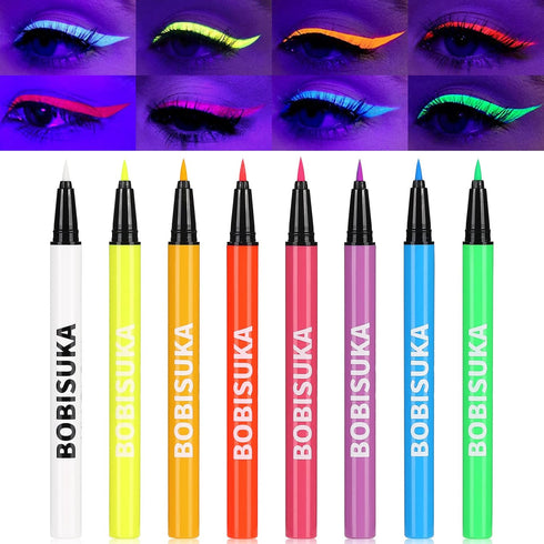 BOBISUKA 8 Colors UV Neon Liquid Eyeliner Set, Matte Colored Eyeliners, Waterproof Smudge-proof Pigmented Gift Kit