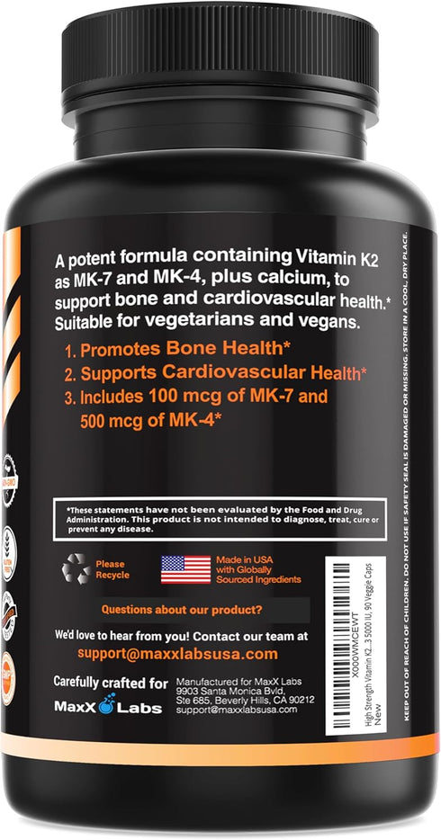 Vitamin K2 Supplement - High Strength K2 600mcg with Vitamin D - Full Spectrum K2-MK7, MK4 - Supports Bone Health - 90