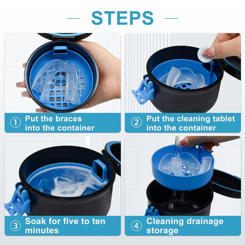 BVN Leak-Proof Denture Bath Cup for Travel, Denture Soaking Cup with Strainer (Black + Blue)