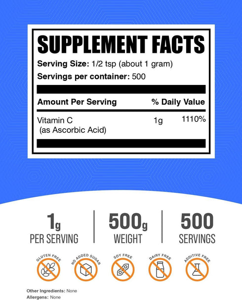 Immune 1g 500g (1.1 lbs) (Pack 1) BulkSupplements.com Ascorbic Acid Powder - Vitamin C Supplement, for Support