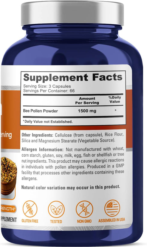 NusaPure Bee Pollen 1500mg, 200 Veggie Caps (100% Vegetarian, Non-GMO, Gluten Free)