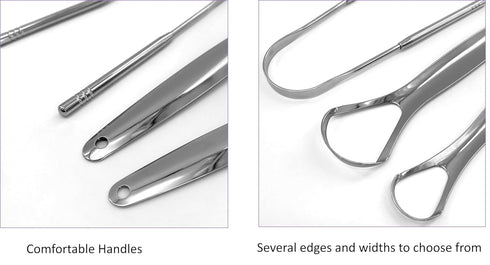 Metal Tongue Scrapers, 3 Piece Set, 304 Stainless Steel with Storage Case - Oral Hygiene Metal Tongue Cleaners (Silver)