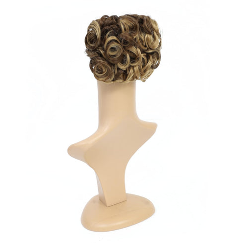 SWACC Short Messy Curly Dish Hair Bun Extension with Easy Stretch Combs Clip in Ponytail Hairpieces (Dark Blond Brown