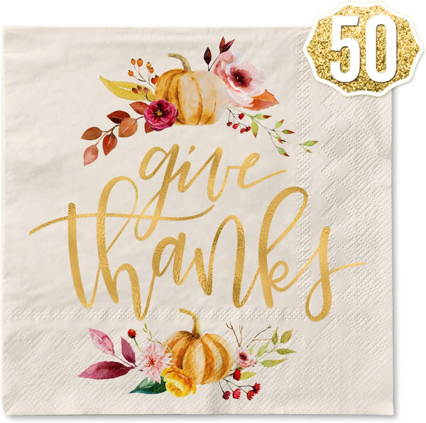 xo, Fetti 50 Count Thanksgiving Gold Foil Napkins, 5 x 5 Inches, 3ply, Autumn Leaves, Pumpkins, Fall Table Decorations
