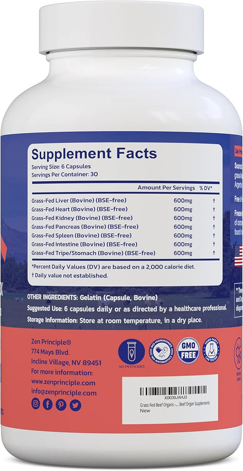 Zen Principle Grass Fed Beef Organs, Desiccated Liver, Heart, Kidney, Pancreas, Spleen, Tripe/Stomach Supplements