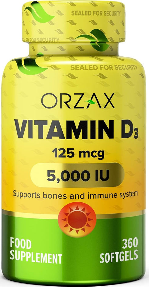 ORZAX Vitamin D3 5000 iu (125 mcg) - 360 Softgel - 1 Year Supply for Muscle Function & Immune Support