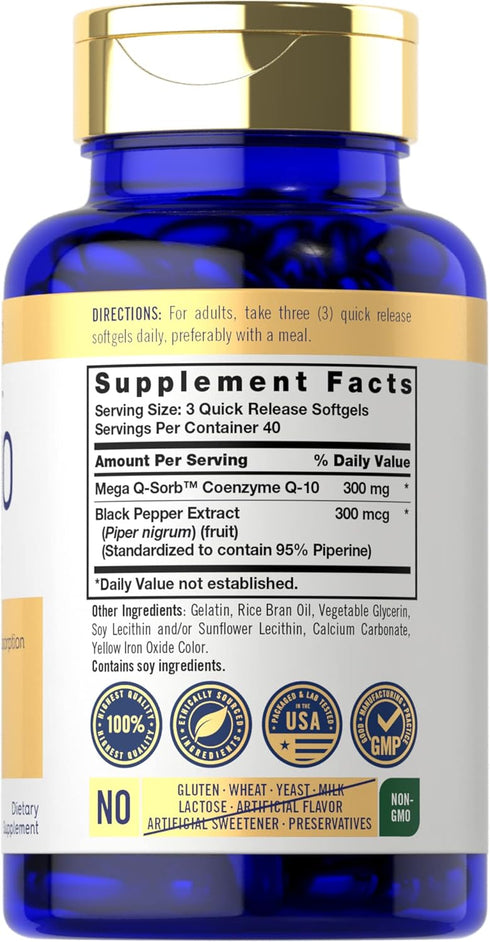 Carlyle CoQ10 300mg | 120 Softgels | Mega Q-Sorb Coenzyme Q-10 | with Black Pepper Extract | Non-GMO, Gluten Free