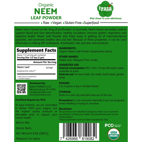 Organic Neem Powder, USDA Certified Ayurveda Herb, Promotes Healthy Hair,Clear Skin, DIY Toothpaste Resealable Pouch of 8 oz