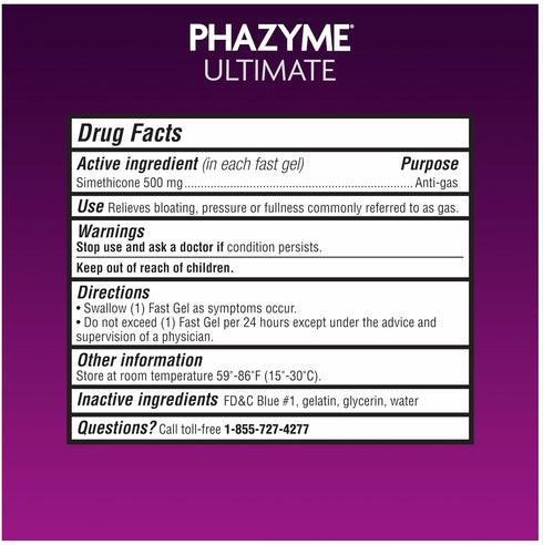 Phazyme Gas Relief, Ultimate Bloating Relief for Adults, 500 mg Simethicone Fast Gels, 20 Count