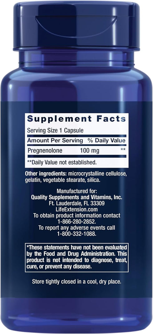 Life Extension Pregnenolone - Hormone balance supplement for healthy hormone levels, 100 mg - Hormone balance, memory, focus, cognitive health - Gluten-free, Non-GMO, 100 capsules