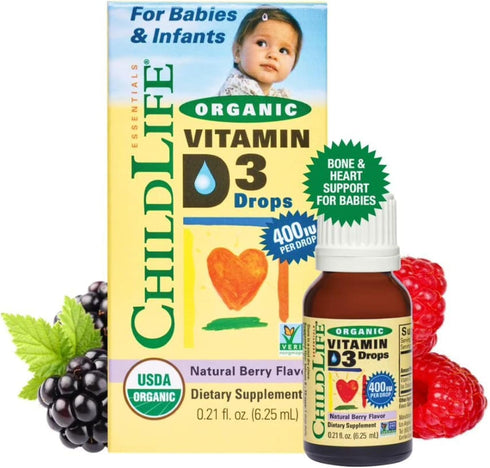 CHILDLIFE Essentials Organic Vitamin D3 Liquid Drops - 0.21 Fl Oz - Natural Berry Flavor, Gluten Free