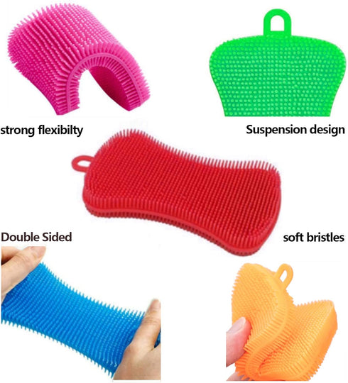 Qaeoity 6 Pack Silicone Sponge Dish Washing Kitchen Scrubber, Reusable Dish Washing Cleaning Sponges Double-Sided