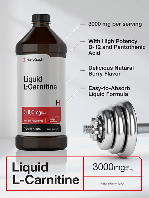 Horbaach L-Carnitine Liquid 3000mg | 16 fl oz | Berry Flavor | Vegetarian Non-GMO Gluten Free Supplement