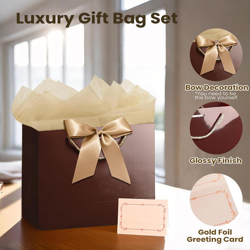 PrintGuru 13 13W 10.2H 4.9D 1 Pack) Large Brown Gift Bag with Tissue Paper and Greeting Card, Paper Gift Bag