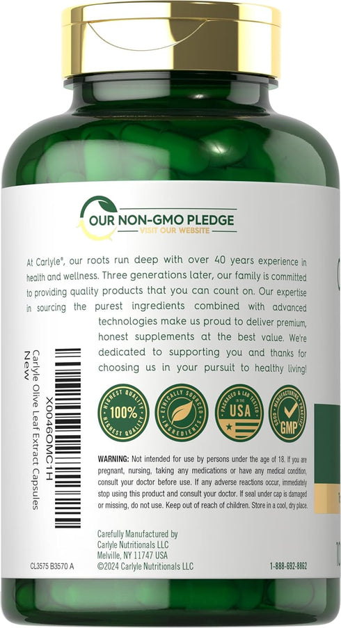 Carlyle Olive Leaf Extract Capsules, 9000mg, 100 Count, Non-GMO, Gluten Free High Potency Supplement