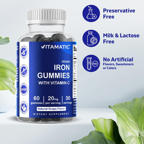 Vitamatic Iron Gummies Supplement for Women & Men - 60 Vegan Gummies with Vitamin C, 20mg Serving (Pack of 2)