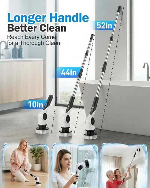 Maraiss 3-Speed 10 90 IPX7 Electric Spin Scrubber, Shower Scrubber with Long Handle & Replaceable Brush Heads, Cordless