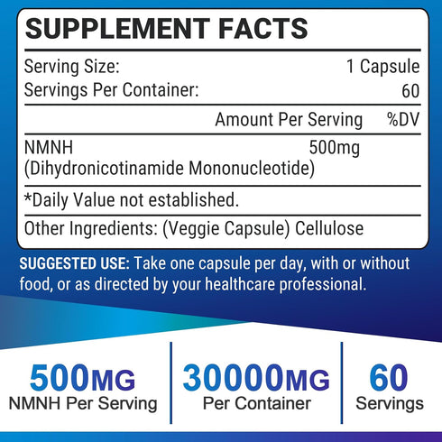 NMNH (Dihydronicotinamide Mononucleotide), 500mg NAD Supplement to Boost NAD+ Levels for Anti Aging, Energy, Focus - 60