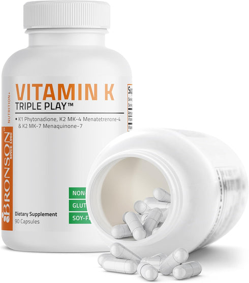 Bronson Vitamin K Triple Play | Full Spectrum Complex Vitamin K Supplement (K2 MK7, K2 MK4, K1) | 90 Capsules