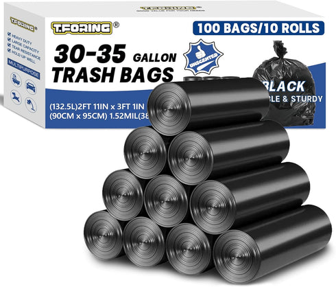30-35 Gallon Trash Bags, 1.5 Mil, Large Black Garbage Bags, 100 Count for Home Kitchen Commercial Lawn and Leaf